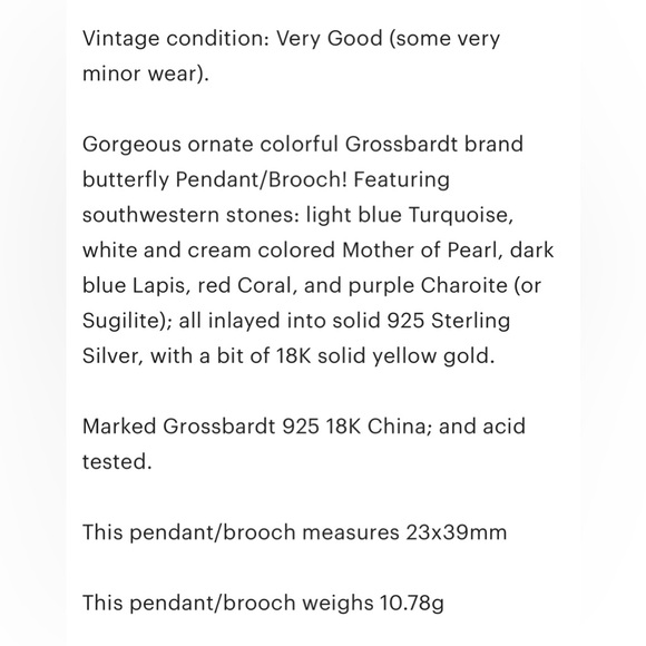 Grossbardt Southwestern Butterfly Pendant/Brooch, Colorful Inlay 925 18K Luxury - Picture 7 of 15